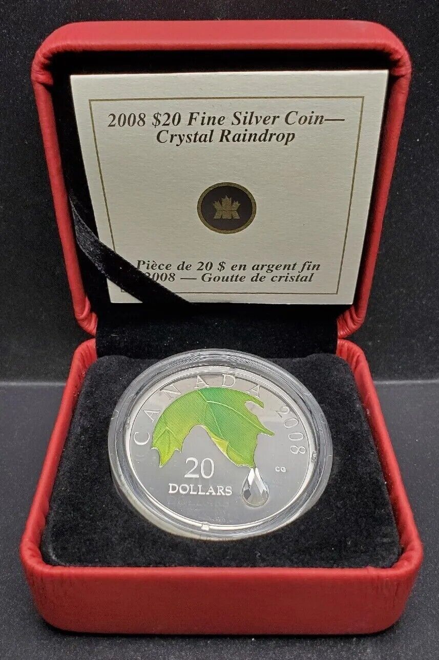 1 Oz Silver Coin 2008 $20 Canada Crystal Raindrop Swarovski Green Leaf-classypw.com-3