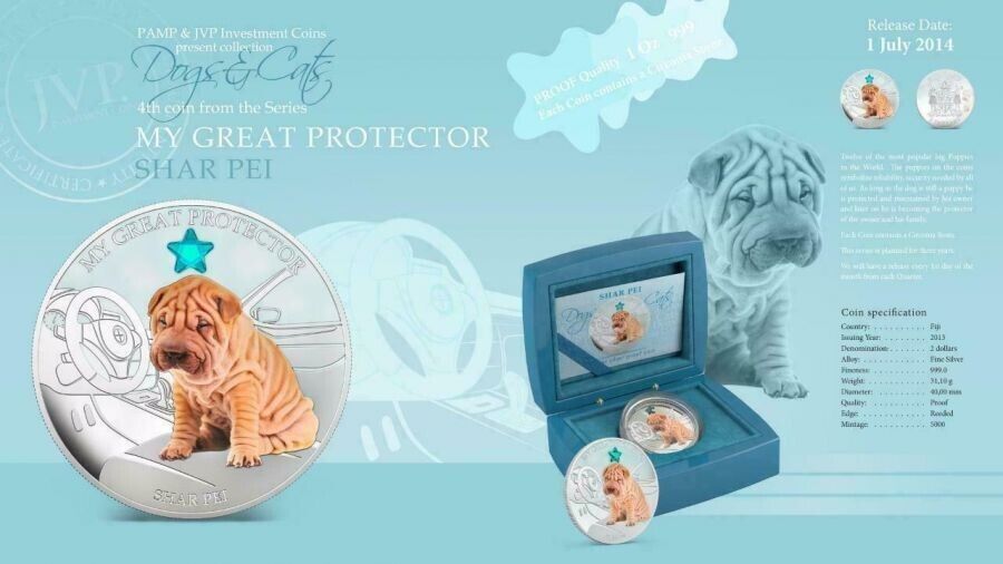 1 Oz Silver Coin 2013 $2 Fiji Dogs & Cats - Great Protector w/ stone - Shar Pei-classypw.com-6