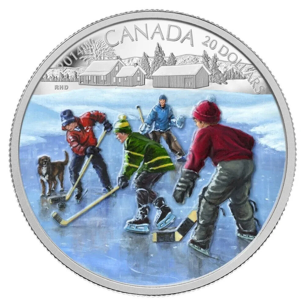 1 Oz Silver Coin 2014 Canada $20 Color Proof Pond Hockey-classypw.com-1