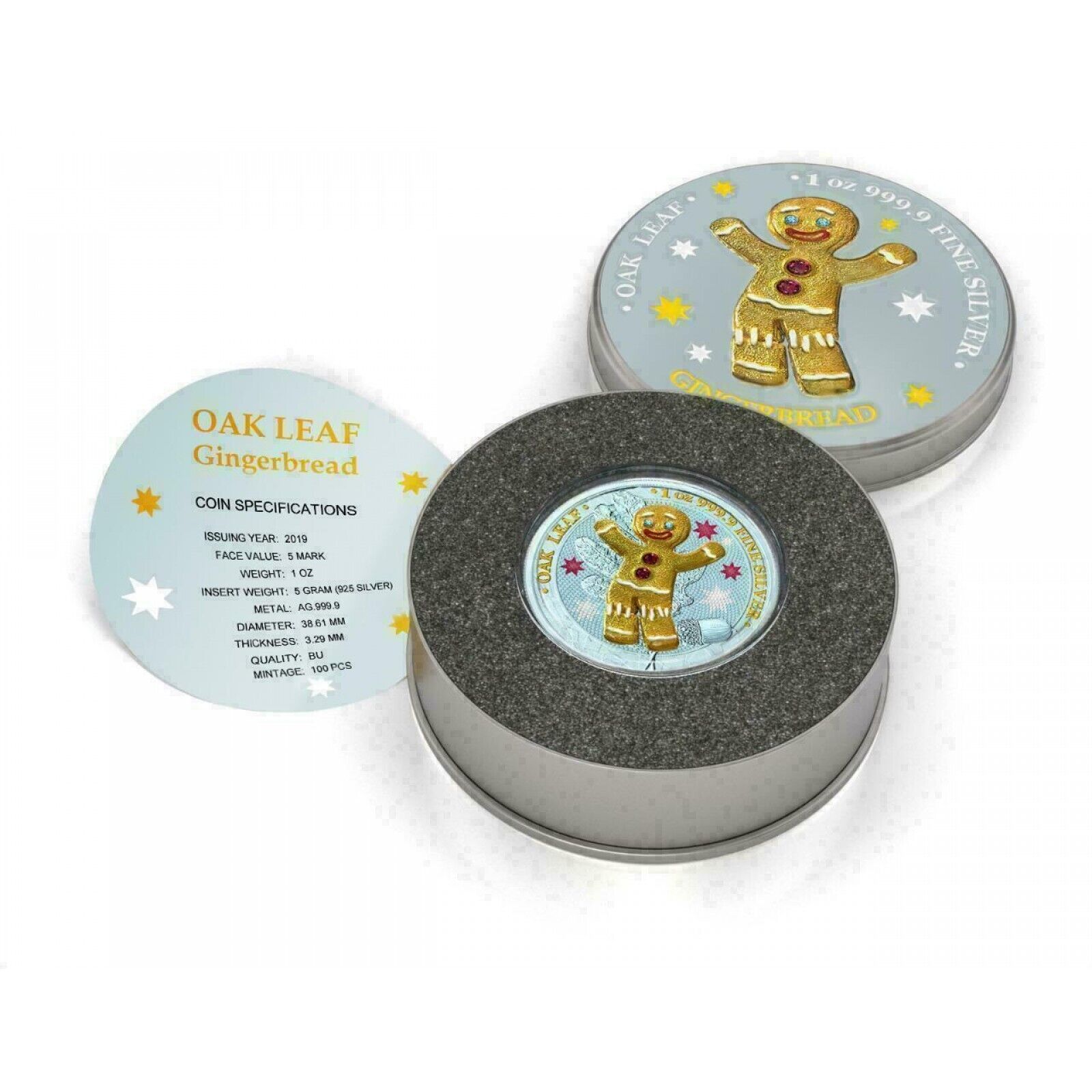 1 Oz Silver Coin 2019 5 Mark Germania Oak Leaf Bejeweled Gingerbread Man - Boy-classypw.com-4