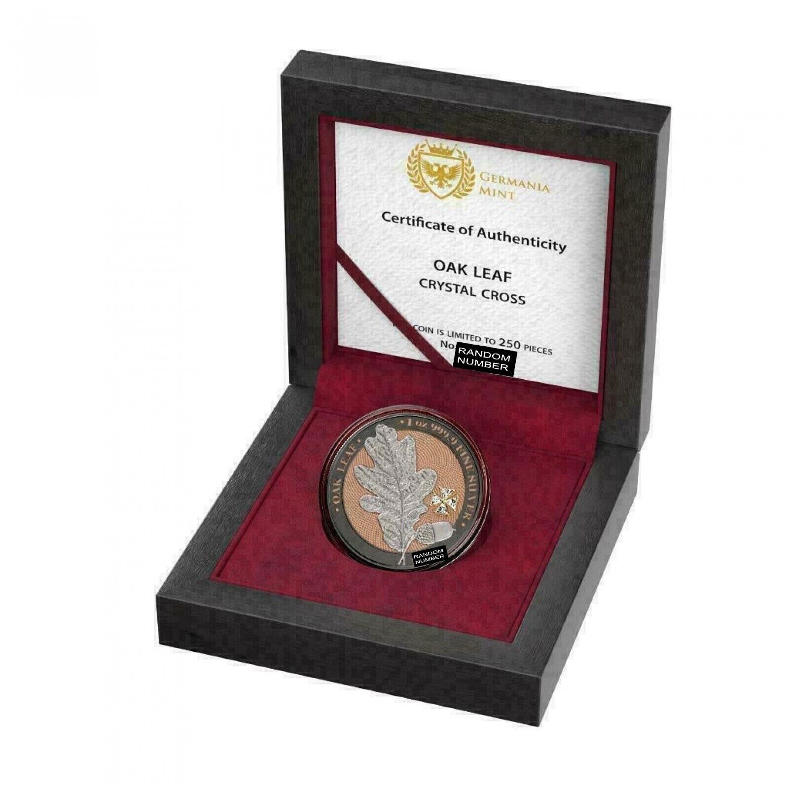 1 Oz Silver Coin 2019 5 Mark Germania Oak Leaf - Ruthenium White Crystal Cross