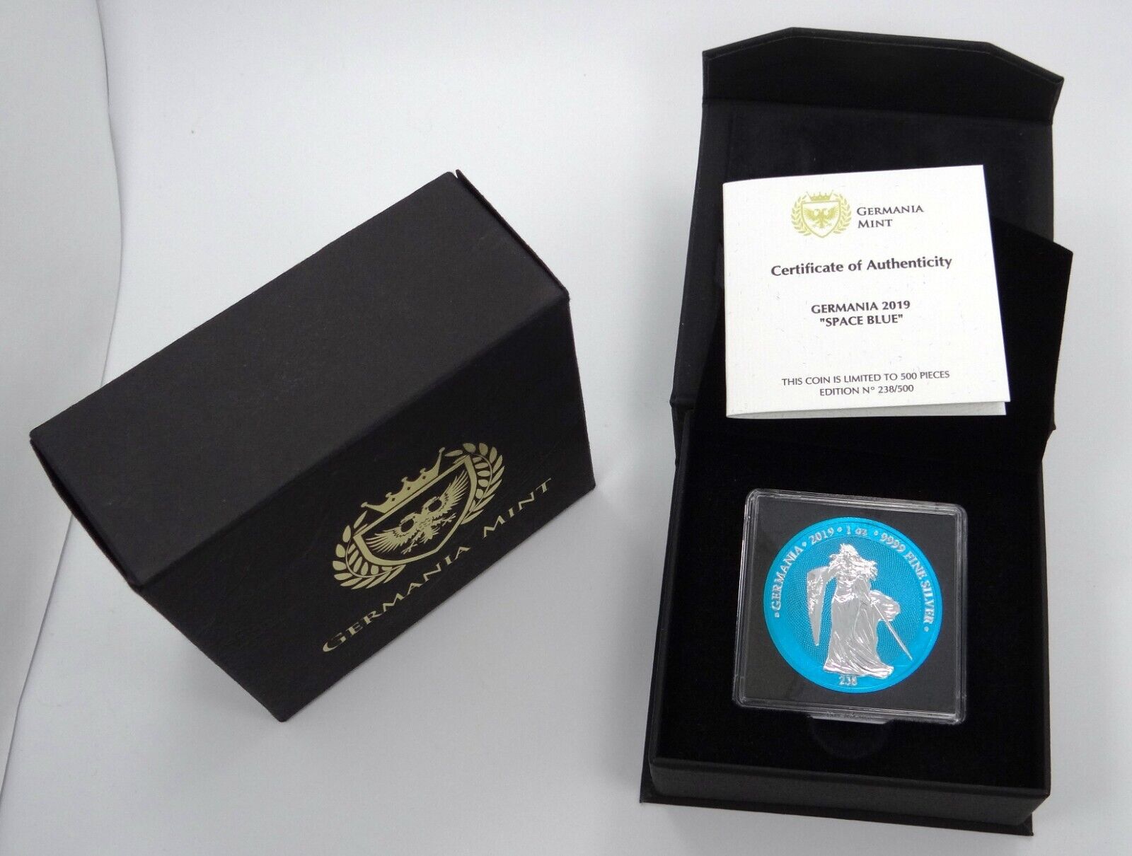 1 Oz Silver Coin 2019 Germania 5 Mark Space Blue RARE official release 238 / 500