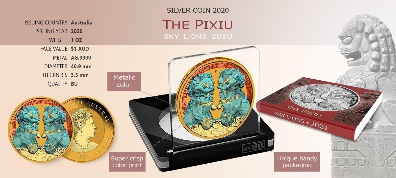 1 Oz Silver Coin 2020 $1 Australia Guardian Sky Lions The Pixiu - Yellow & Blue