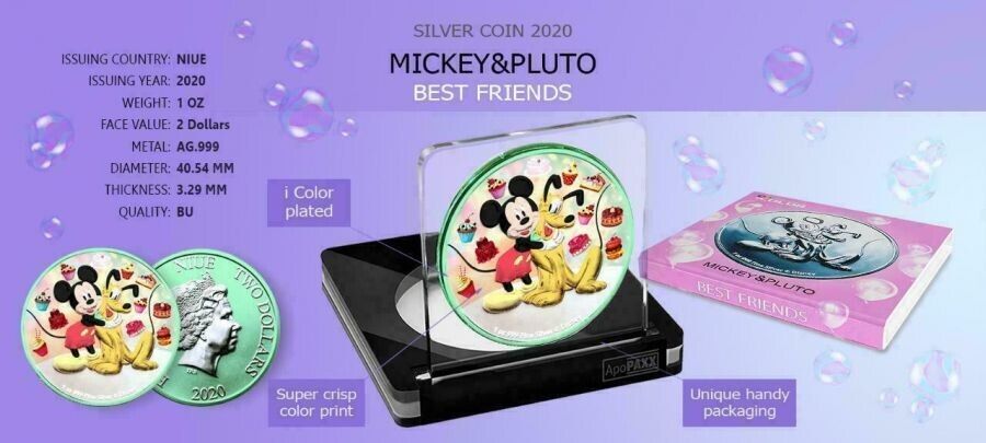 1 Oz Silver Coin 2020 $2 Niue Disney Mickey Mouse & Pluto Best Friends - Cakes-classypw.com-4