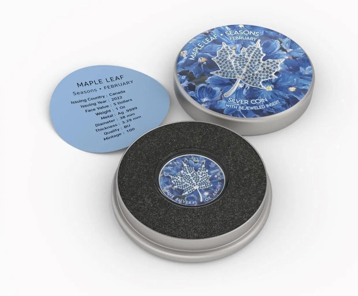 1 Oz Silver Coin 2022 Canada $5 Maple Seasons February Bejeweled Leaf Insert-classypw.com-4