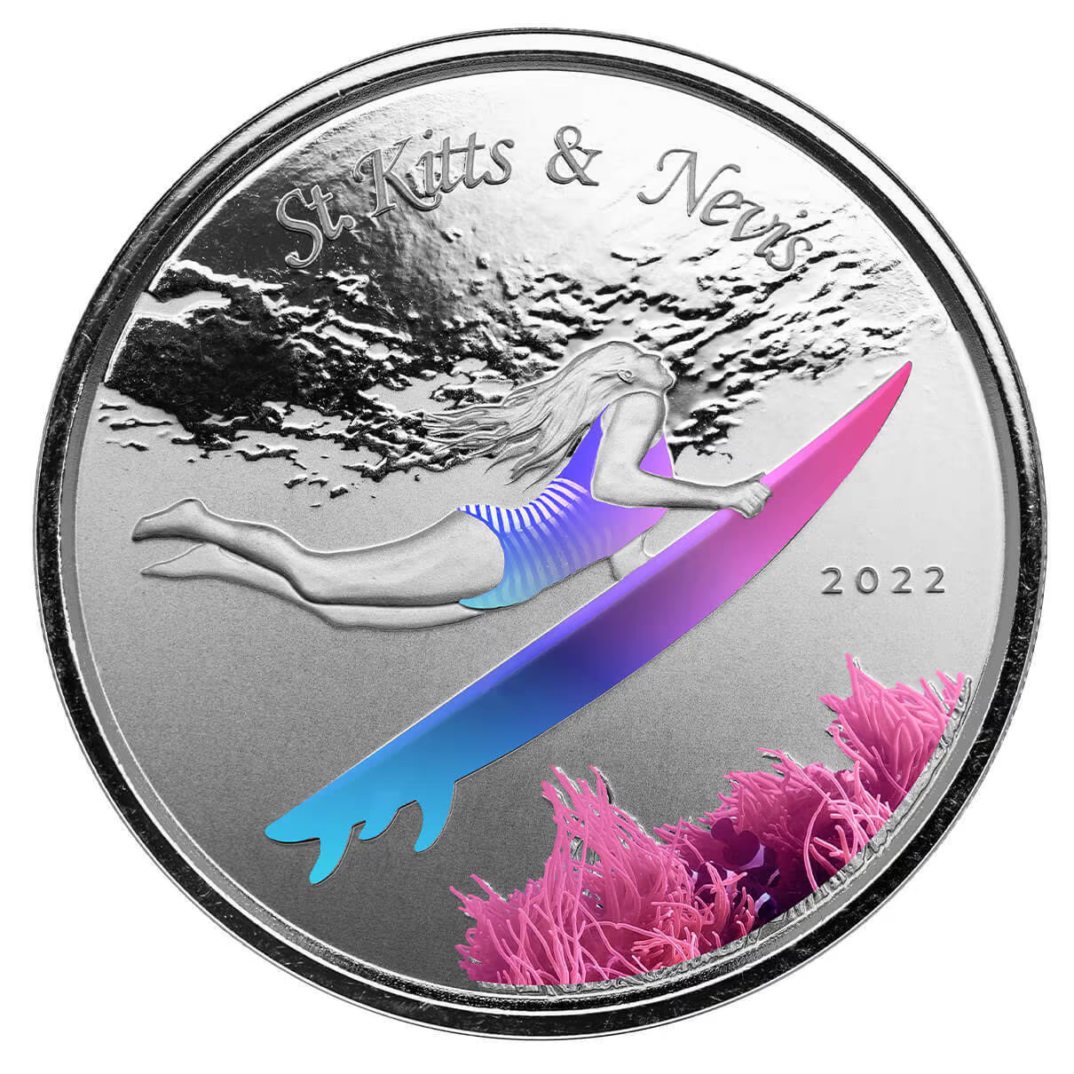 1 Oz Silver Coin 2022 EC8 Saint Kitts & Nevis $2 Color Proof - Underwater Surfer-classypw.com-1