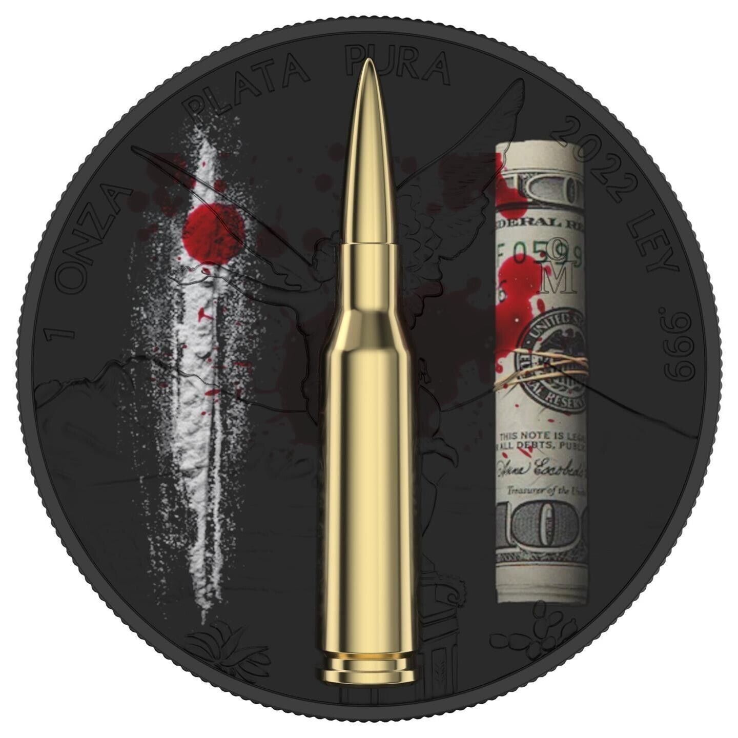 1 Oz Silver Coin 2022 Mexico Libertad Narcos 3D Gilded Bullet Insert Money Power-classypw.com-7