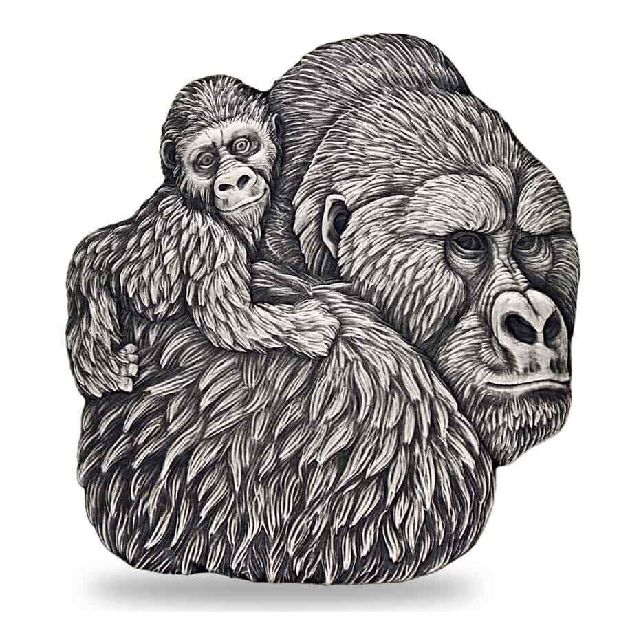 1 Oz Silver Coin 2023 Chad 5000 CFA Gorilla & Child Shaped Antiqued High Relief-classypw.com-2