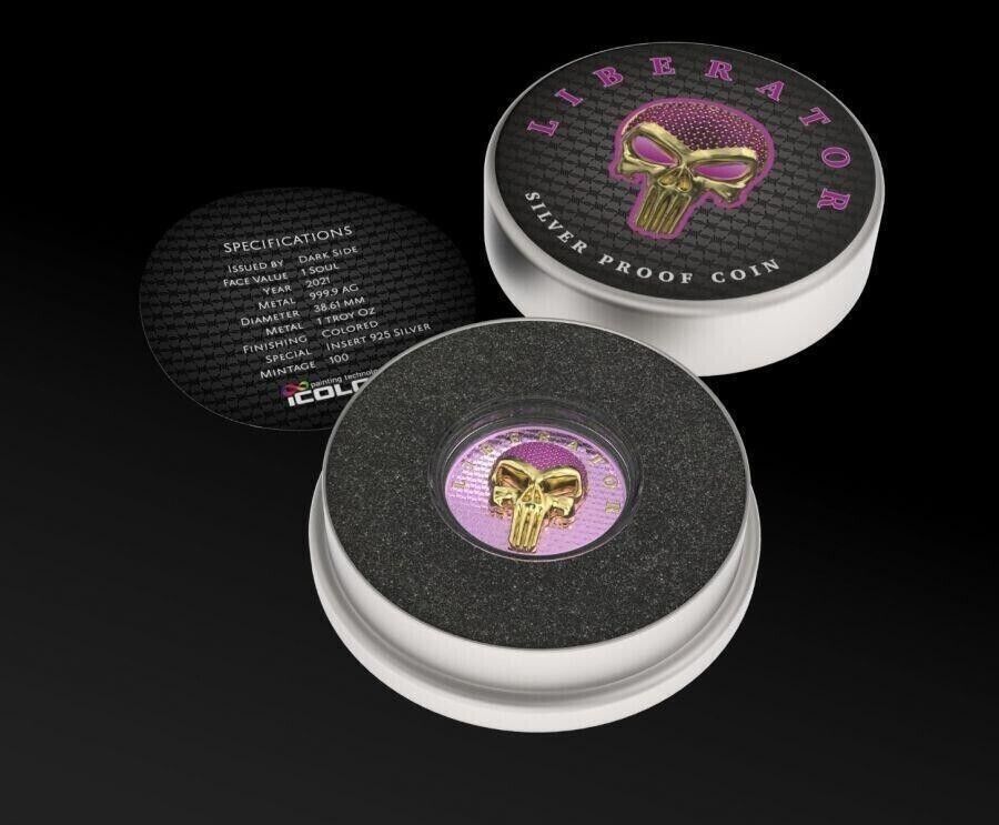 1 Oz Silver Coin Dark Side 2021 THE LIBERATOR Skull Gold / Pink Swarovski-classypw.com-5