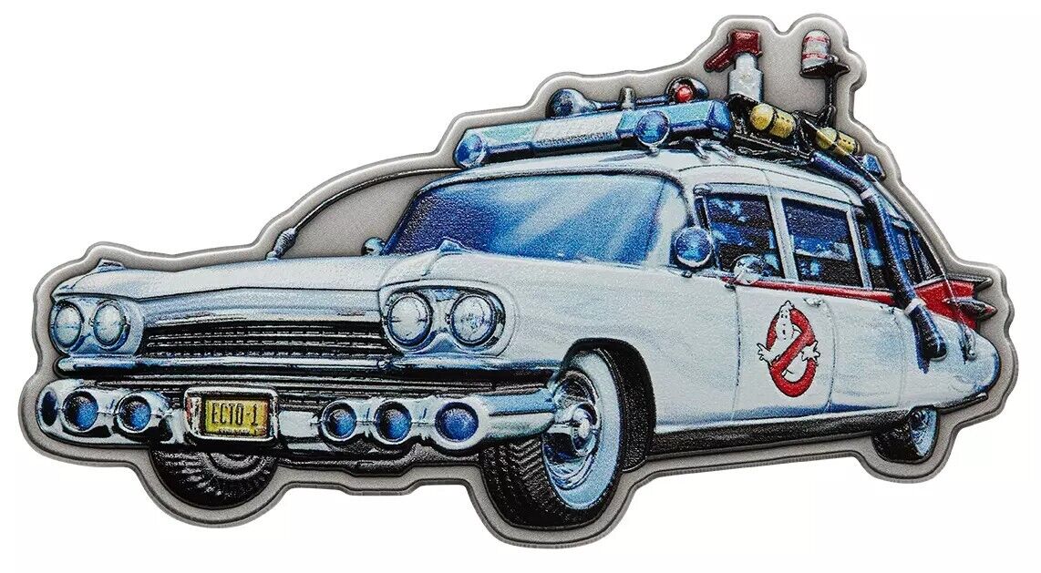 2 Oz Silver Coin 2024 Niue $5 Ghostbusters Ecto 1 Car Shaped Coin with Trap Box