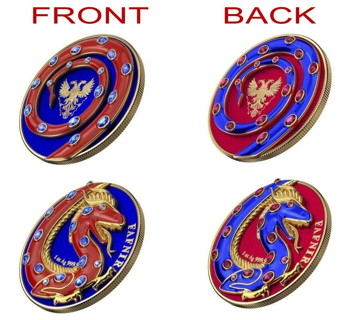 2 X 1 Oz Silver Coin 2020 5 Mark Fafnir Set - Blue & Red Stones-classypw.com-1