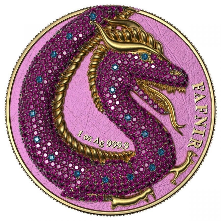 2 X 1 Oz Silver Coin 2020 5 Mark Fafnir Set - Pink Blue Crystals-classypw.com-3