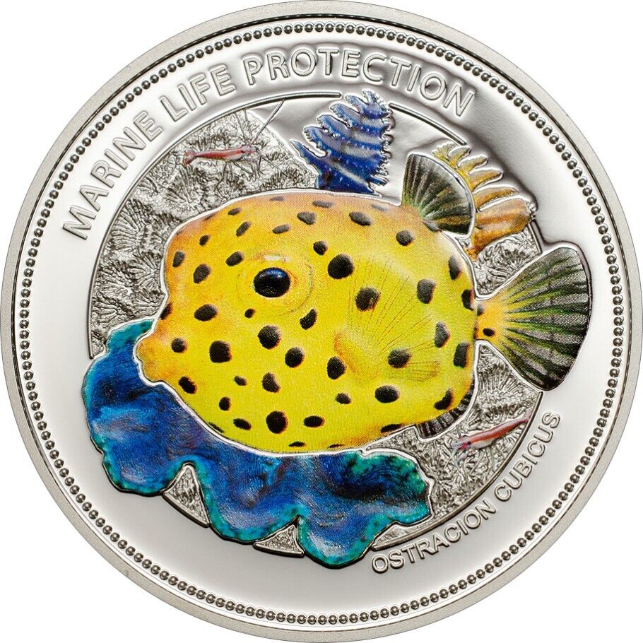 25g Silver Coin 2014 Palau $5 Marine Life Ostracion cubicus Yellow Boxfish-classypw.com-1