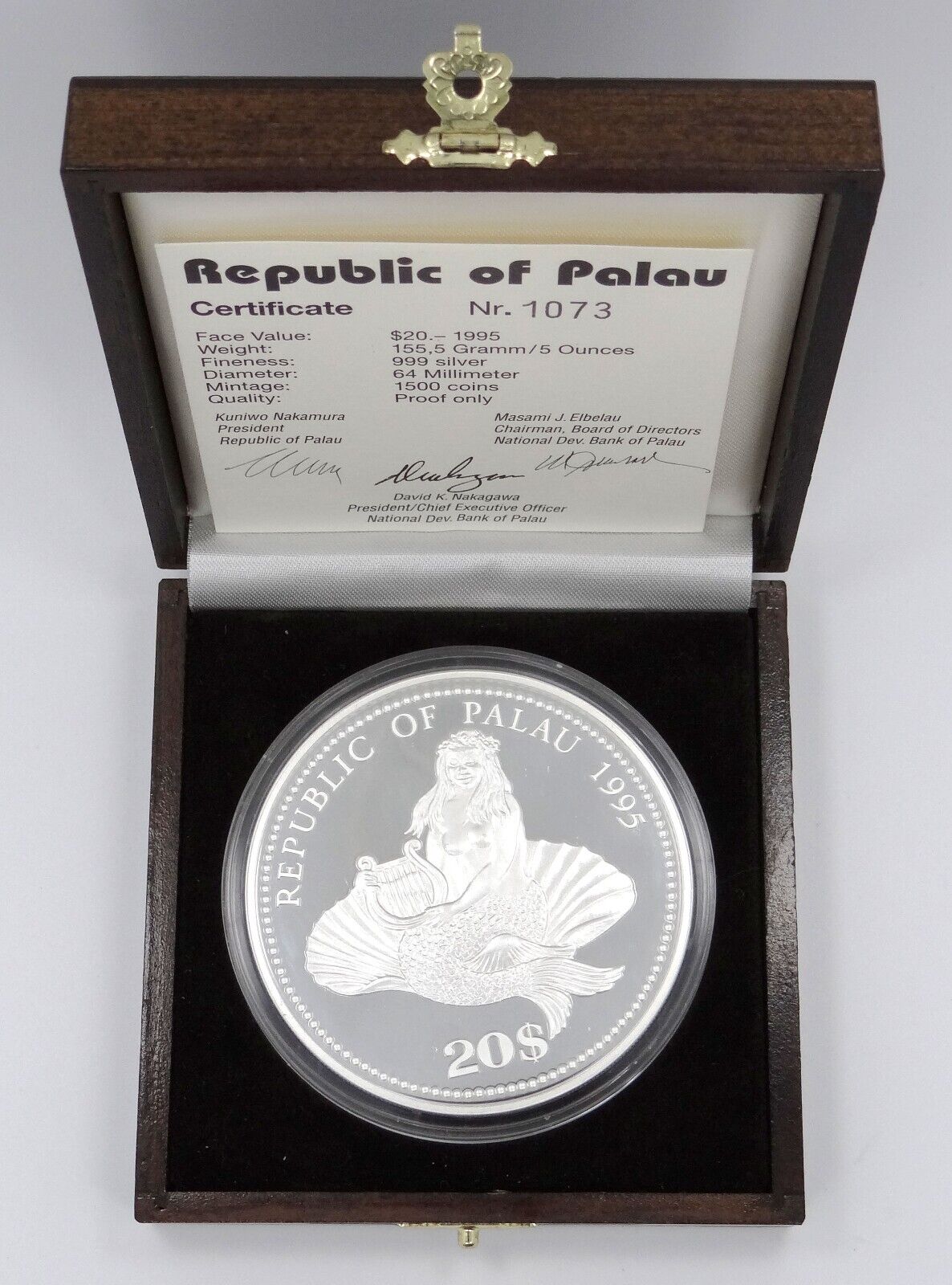 5 oz Silver Coin 1995 $20 Palau Marine Life Protection Seahorse With Box & COA