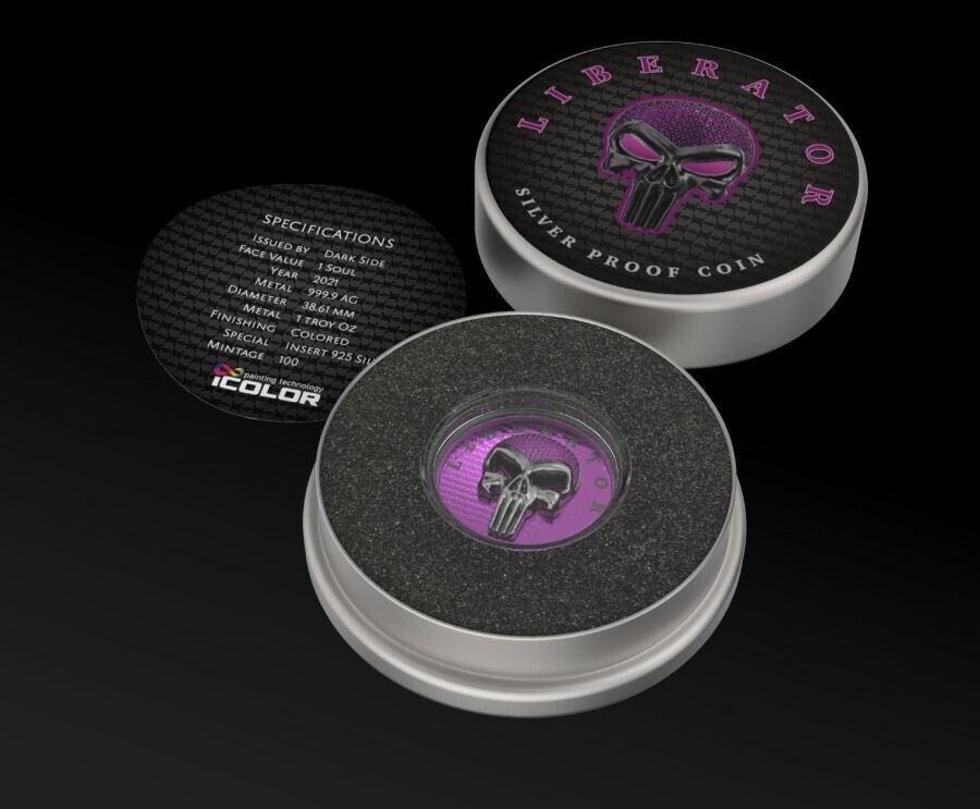 1 Oz Silver Coin Dark Side 2021 THE LIBERATOR Skull Cap Purple Swarovski Proof-classypw.com-4