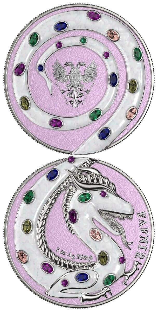 2 X 1 Oz Silver Coin 2020 5 Mark Fafnir Set - Pearl White & Turquoise Crystals-classypw.com-2