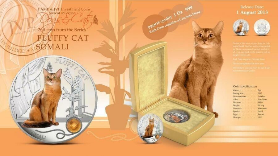 1 Oz Silver Coin 0.999 2013 $2 Fiji Dogs & Cats - Fluffy Cat with stone - Somali-classypw.com-5