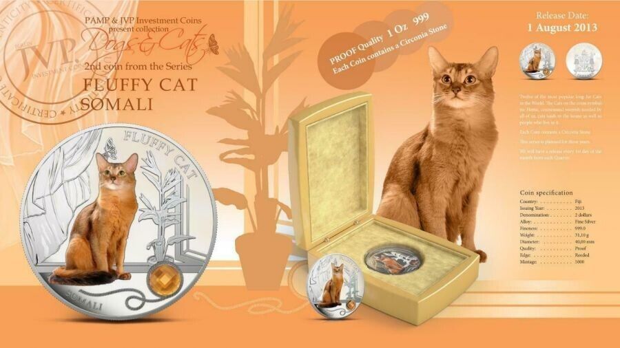 1 Oz Silver Coin 0.999 2013 $2 Fiji Dogs &amp; Cats - Fluffy Cat with stone - Somali-classypw.com-5