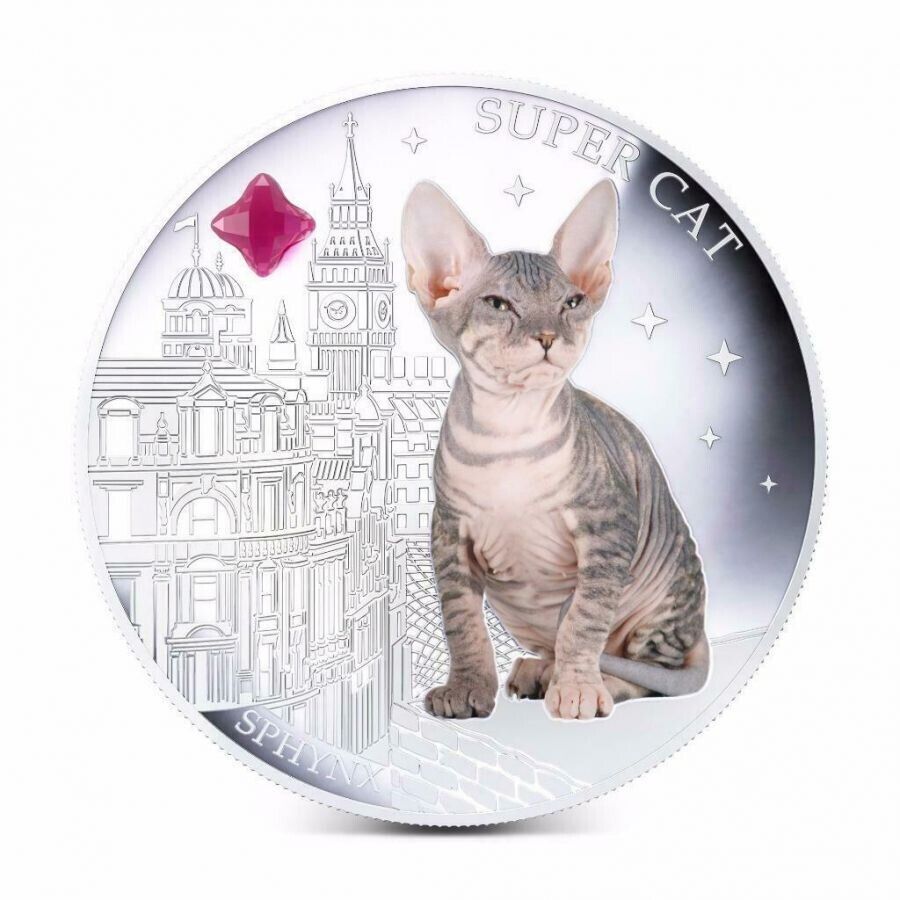 1 Oz Silver Coin 0.999 2013 $2 Fiji Dogs &amp; Cats - Super Cat with stone - Sphynx-classypw.com-1