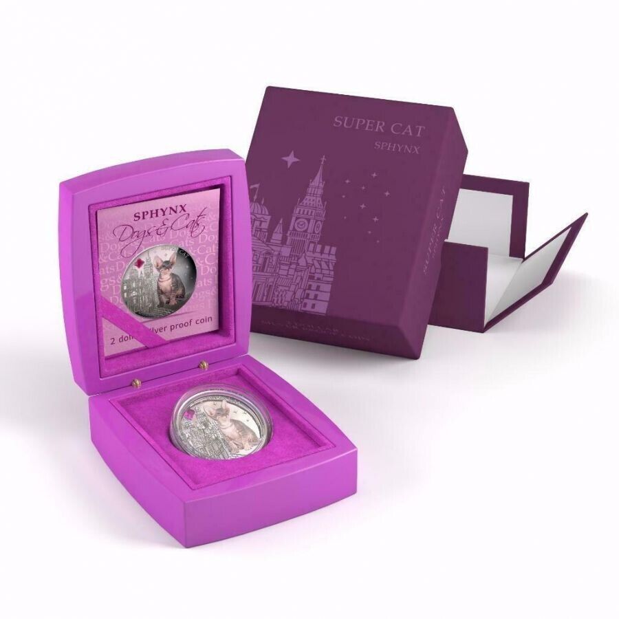 1 Oz Silver Coin 0.999 2013 $2 Fiji Dogs &amp; Cats - Super Cat with stone - Sphynx-classypw.com-2