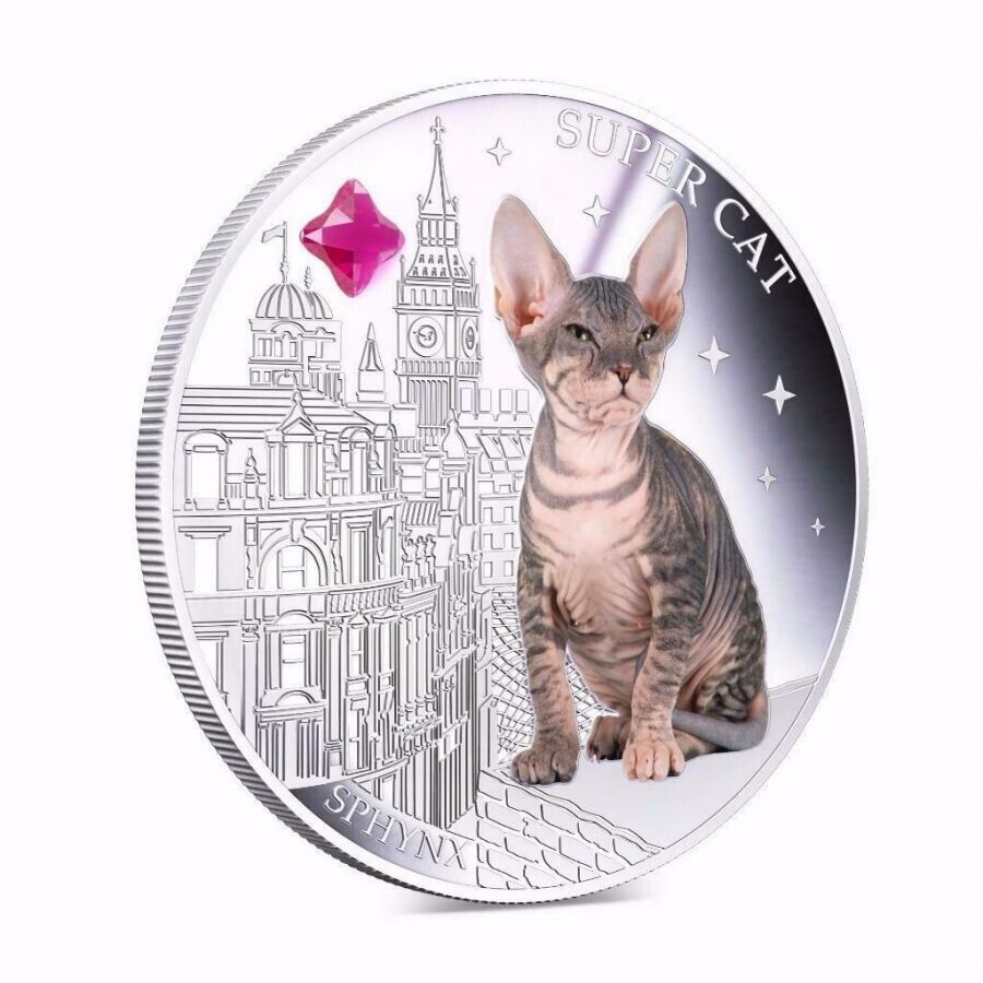 1 Oz Silver Coin 0.999 2013 $2 Fiji Dogs &amp; Cats - Super Cat with stone - Sphynx-classypw.com-3
