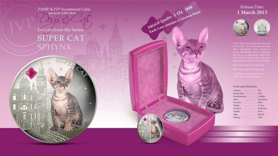 1 Oz Silver Coin 0.999 2013 $2 Fiji Dogs &amp; Cats - Super Cat with stone - Sphynx-classypw.com-5