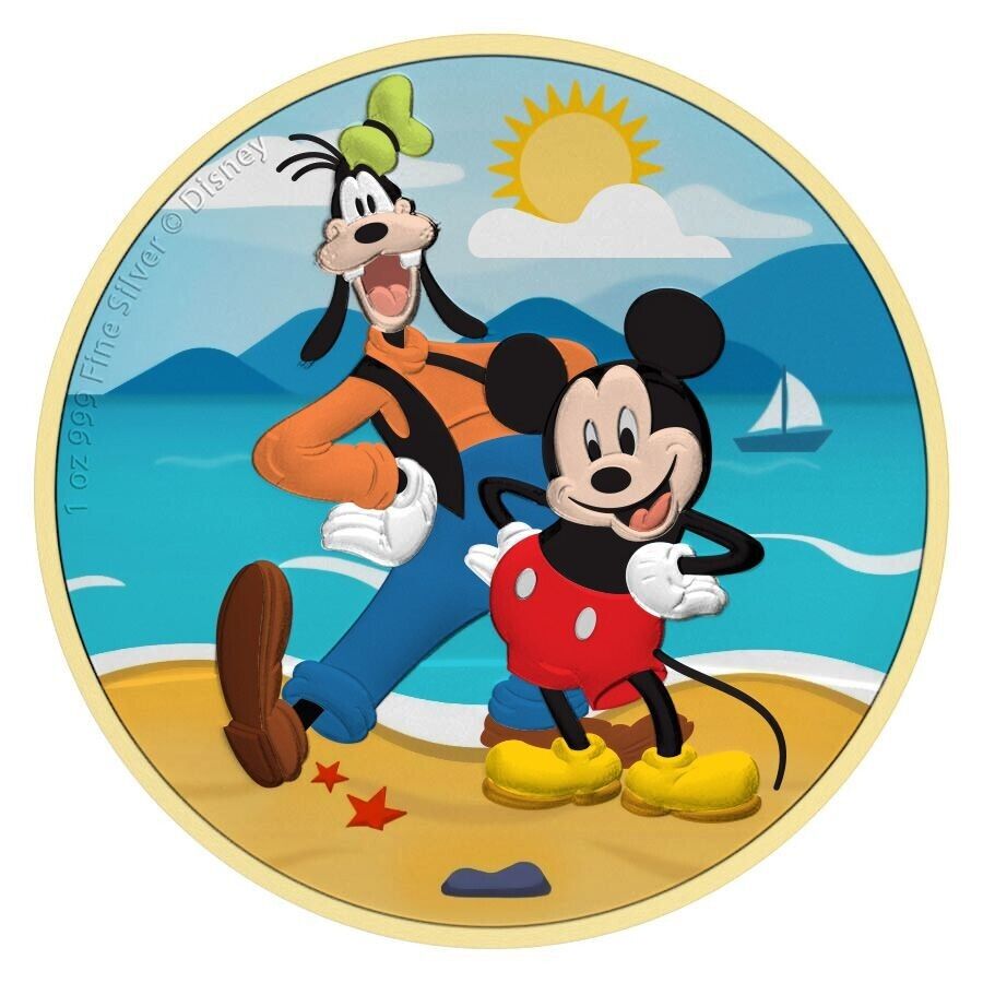 1 Oz Silver Coin 0.999 2021 $2 Niue Disney Mickey Mouse &amp; Goofy - Beach-classypw.com-1