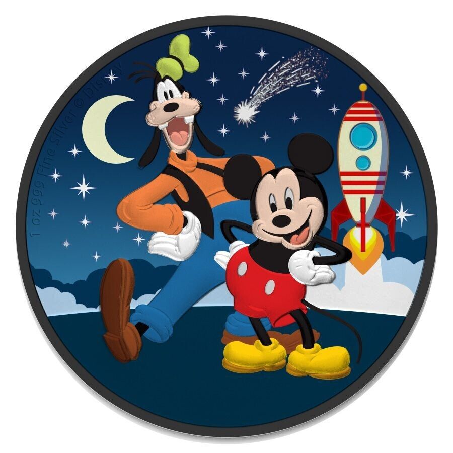 1 Oz Silver Coin 0.999 2021 $2 Niue Disney Mickey Mouse &amp; Goofy - Rocket Star-classypw.com-1