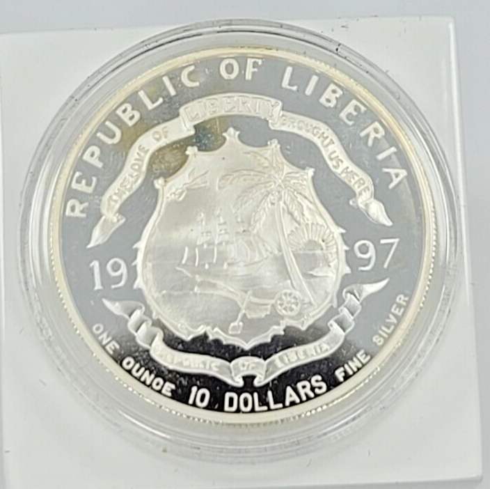 1 Oz Silver Coin 1997 $10 Liberia Macao Returns to China Proof Valcambi