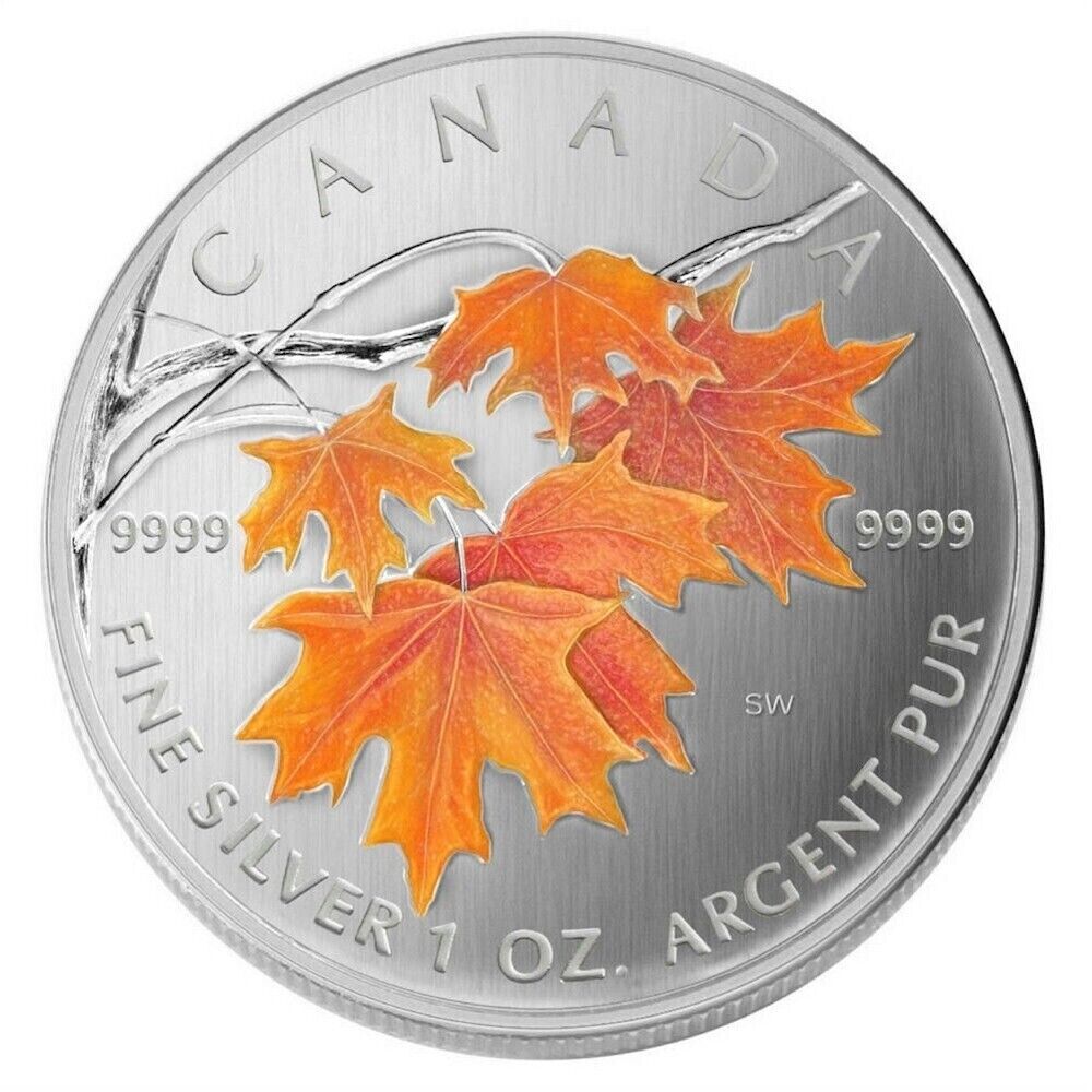 1 Oz Silver Coin 2007 $5 Canada Maple Leaf Colored Coin Sugar Maple in Orange