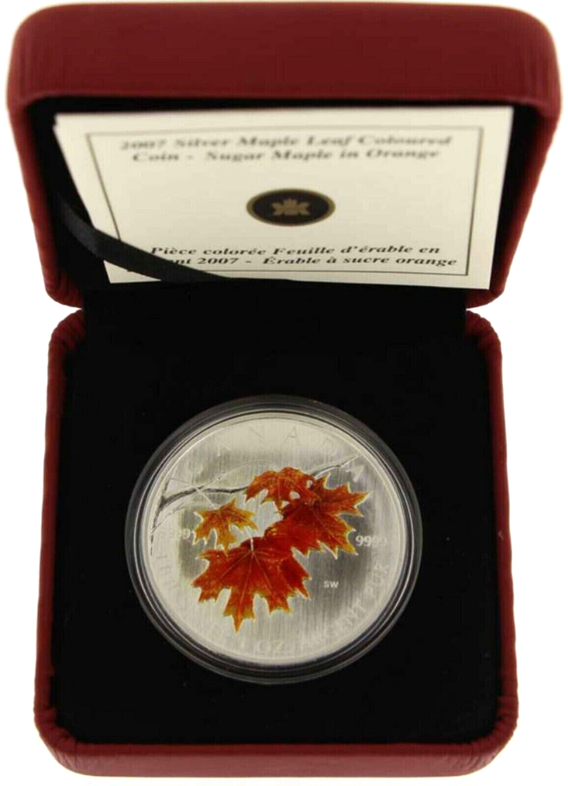 1 Oz Silver Coin 2007 $5 Canada Maple Leaf Colored Coin Sugar Maple in Orange