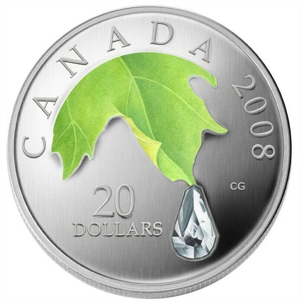 1 Oz Silver Coin 2008 $20 Canada Crystal Raindrop Swarovski Green Leaf no COA-classypw.com-1