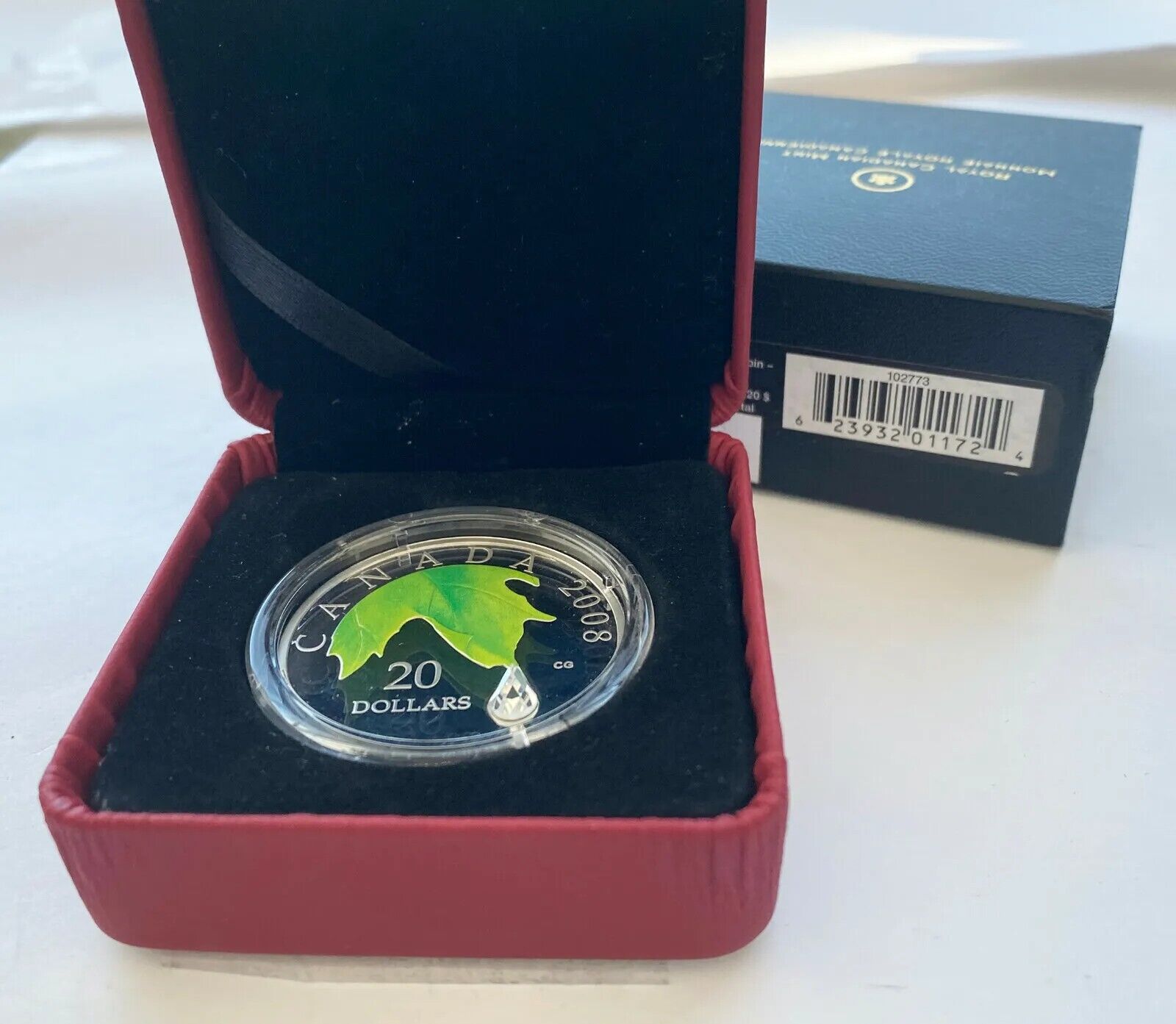 1 Oz Silver Coin 2008 $20 Canada Crystal Raindrop Swarovski Green Leaf no COA-classypw.com-3