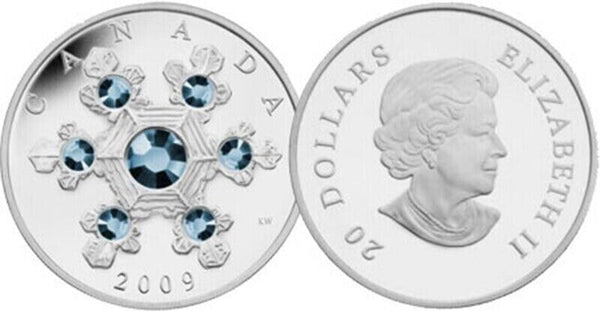 1 Oz Silver Coin 2009 $20 Canada Blue Crystal Snowflake Swarovski ...