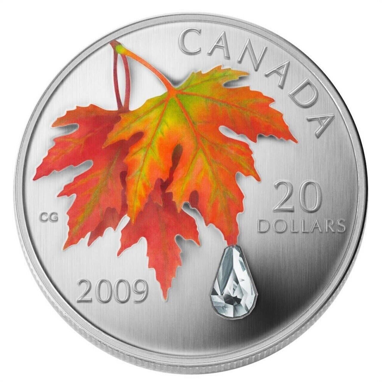 1 Oz Silver Coin 2009 $20 Canada Crystal Raindrop Swarovski Autumn Maple Leaves-classypw.com-1