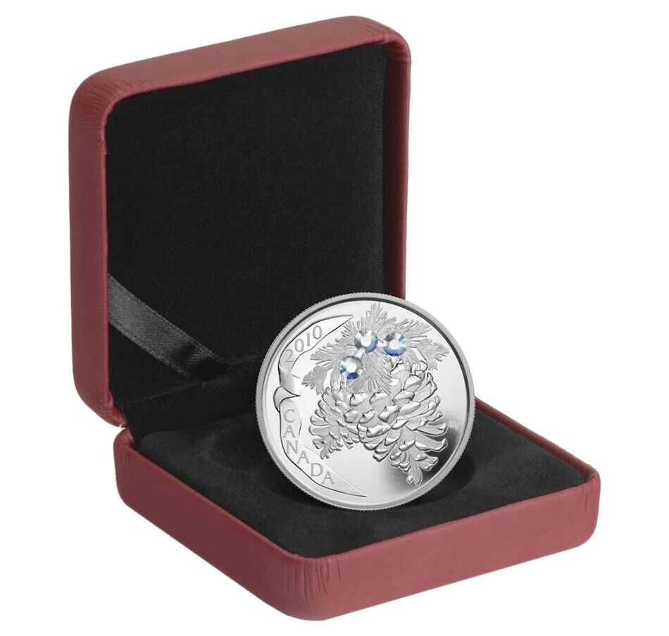 1 Oz Silver Coin 2010 $20 Canada Holiday Pine Cones Moonlight Swarovski Crystals-classypw.com-3