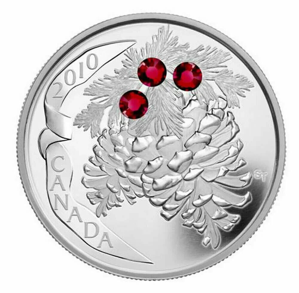 1 Oz Silver Coin 2010 $20 Canada Holiday Pine Cones Ruby Swarovski-classypw.com-1