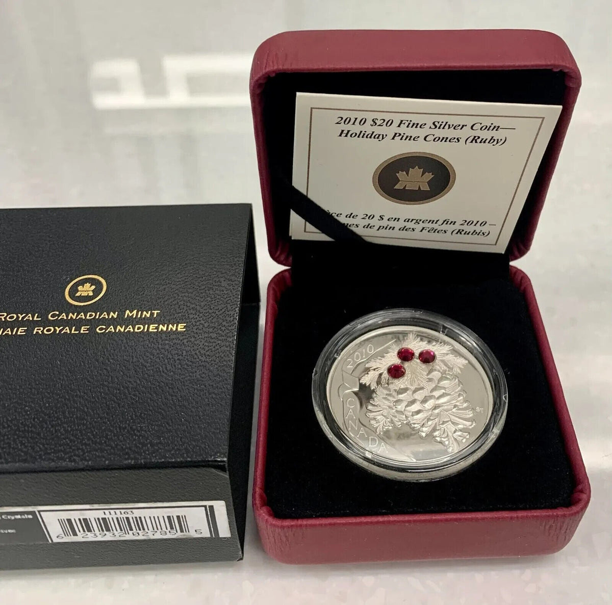 1 Oz Silver Coin 2010 $20 Canada Holiday Pine Cones Ruby Swarovski-classypw.com-3