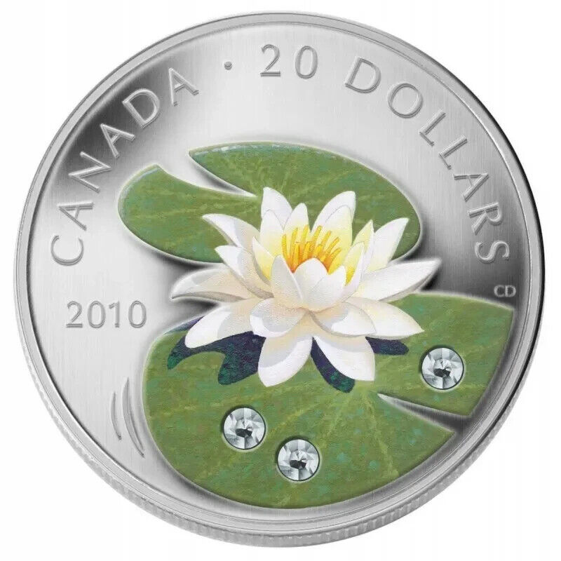 1 Oz Silver Coin 2010 Canada $20 Flowers Water Lily with Swarovski Crystals-classypw.com-1