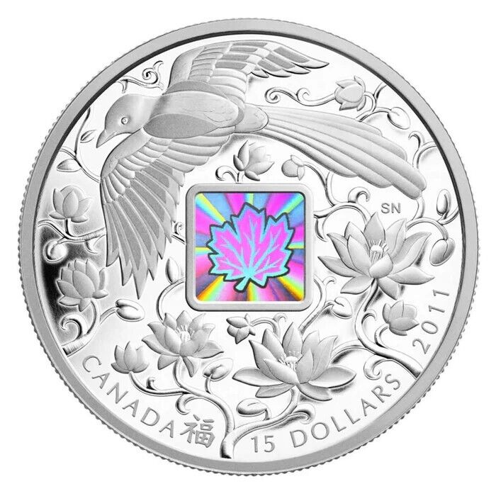 1 Oz Silver Coin 2011 $15 Canada Chinese Maple of Happiness Hologram 8888 Made