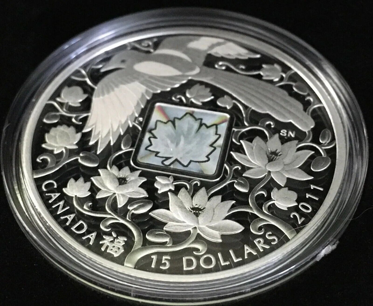 1 Oz Silver Coin 2011 $15 Canada Chinese Maple of Happiness Hologram 8888 Made