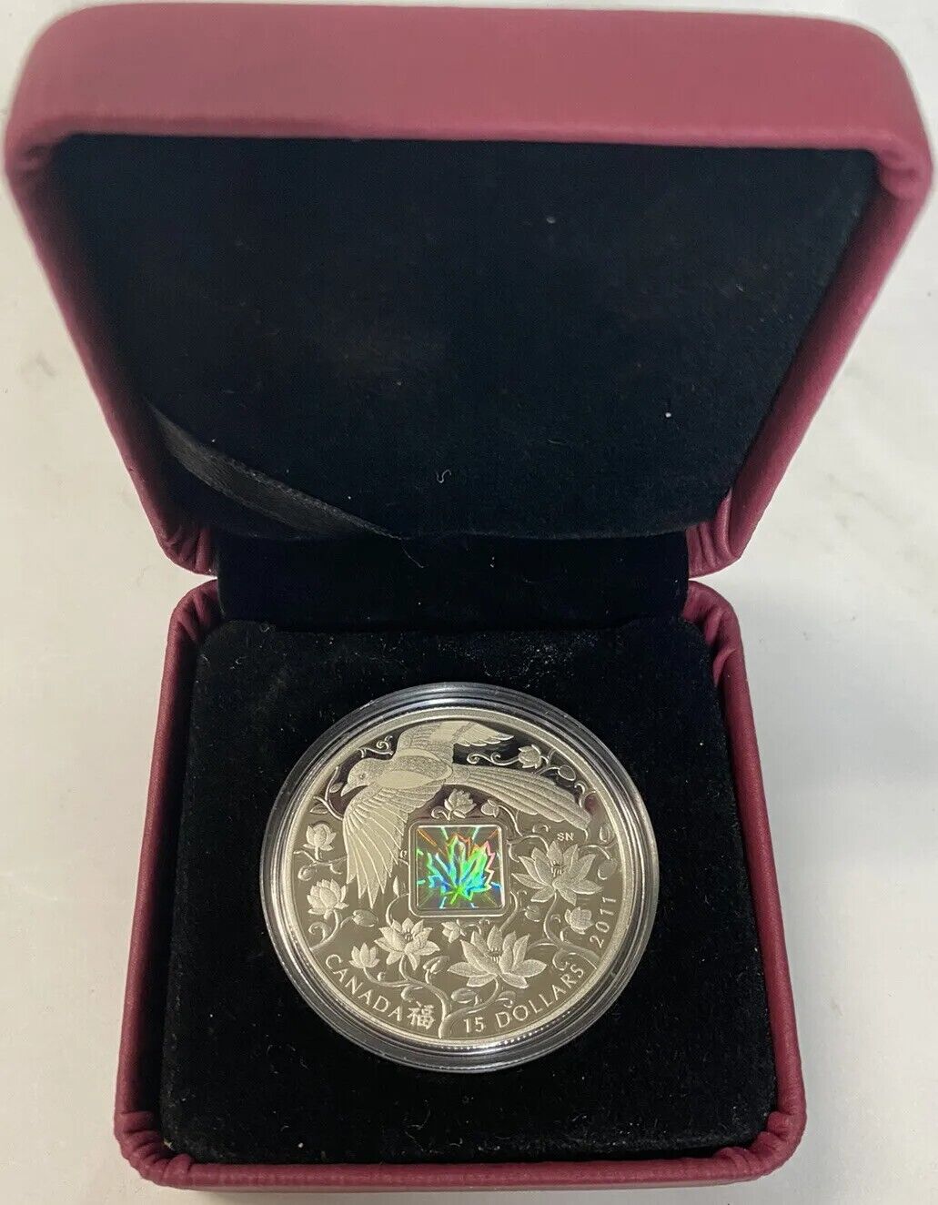 1 Oz Silver Coin 2011 $15 Canada Chinese Maple of Happiness Hologram 8888 Made