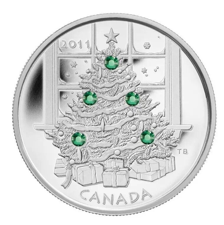 1 Oz Silver Coin 2011 $20 Canada Christmas Tree Green Swarovski Crystals-classypw.com-1