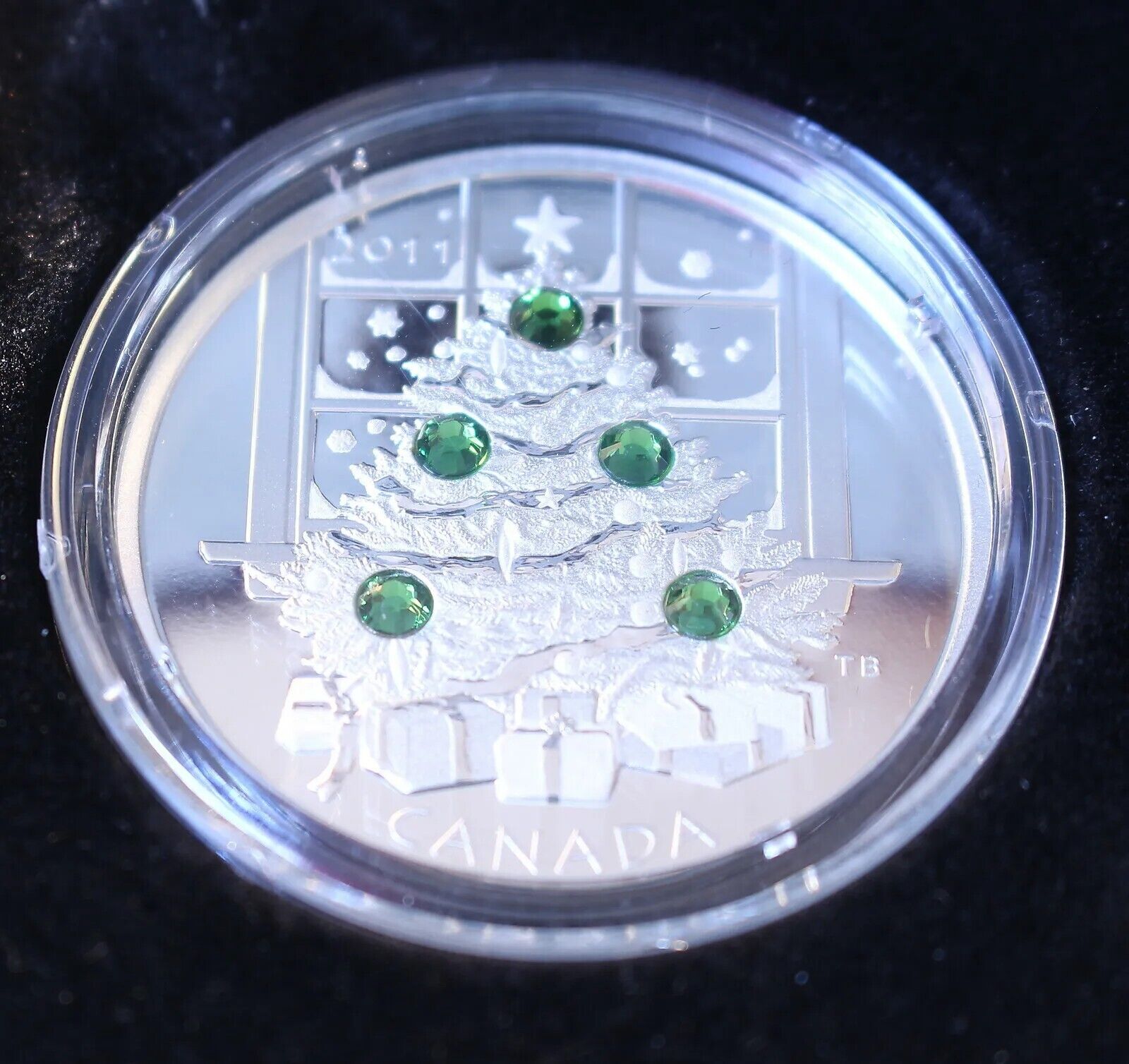 1 Oz Silver Coin 2011 $20 Canada Christmas Tree Green Swarovski Crystals-classypw.com-2
