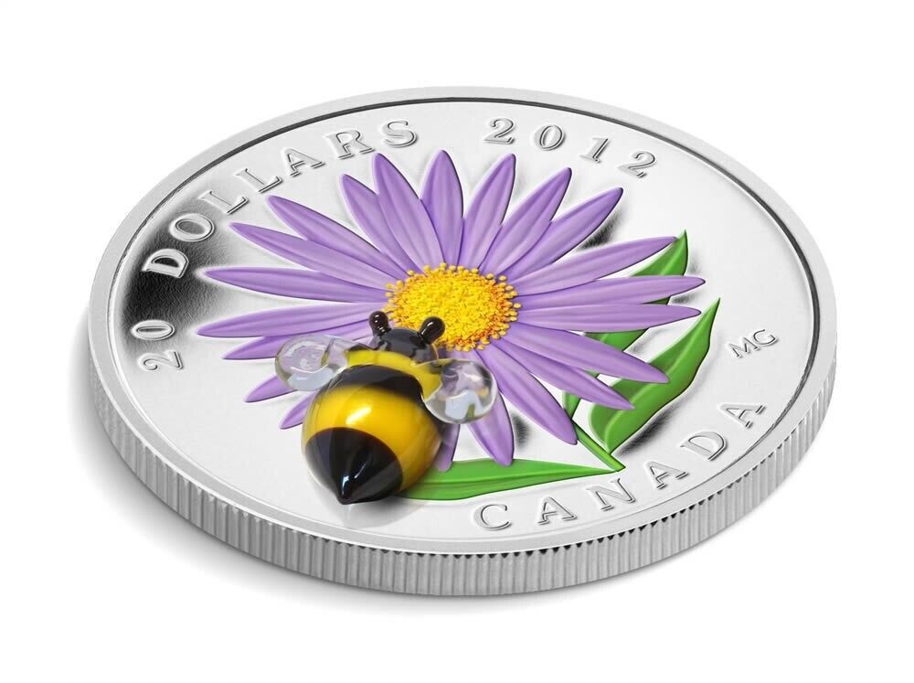 1 Oz Silver Coin 2012 $20 Canada Murano Italy Glass Aster with Bumble Bee-classypw.com-2