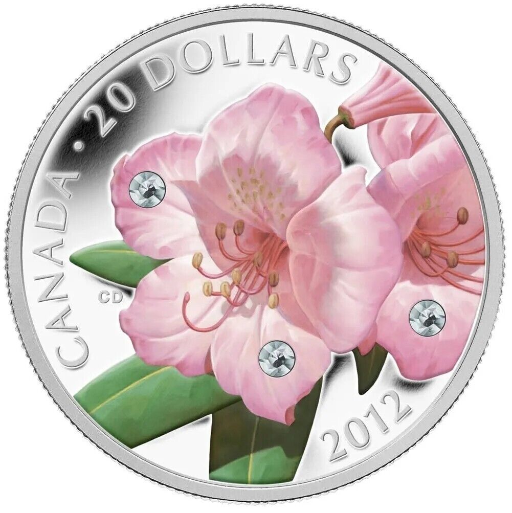 1 Oz Silver Coin 2012 Canada $20 Rhododendron Flower Crystal Dew Drops Swarovski-classypw.com-1