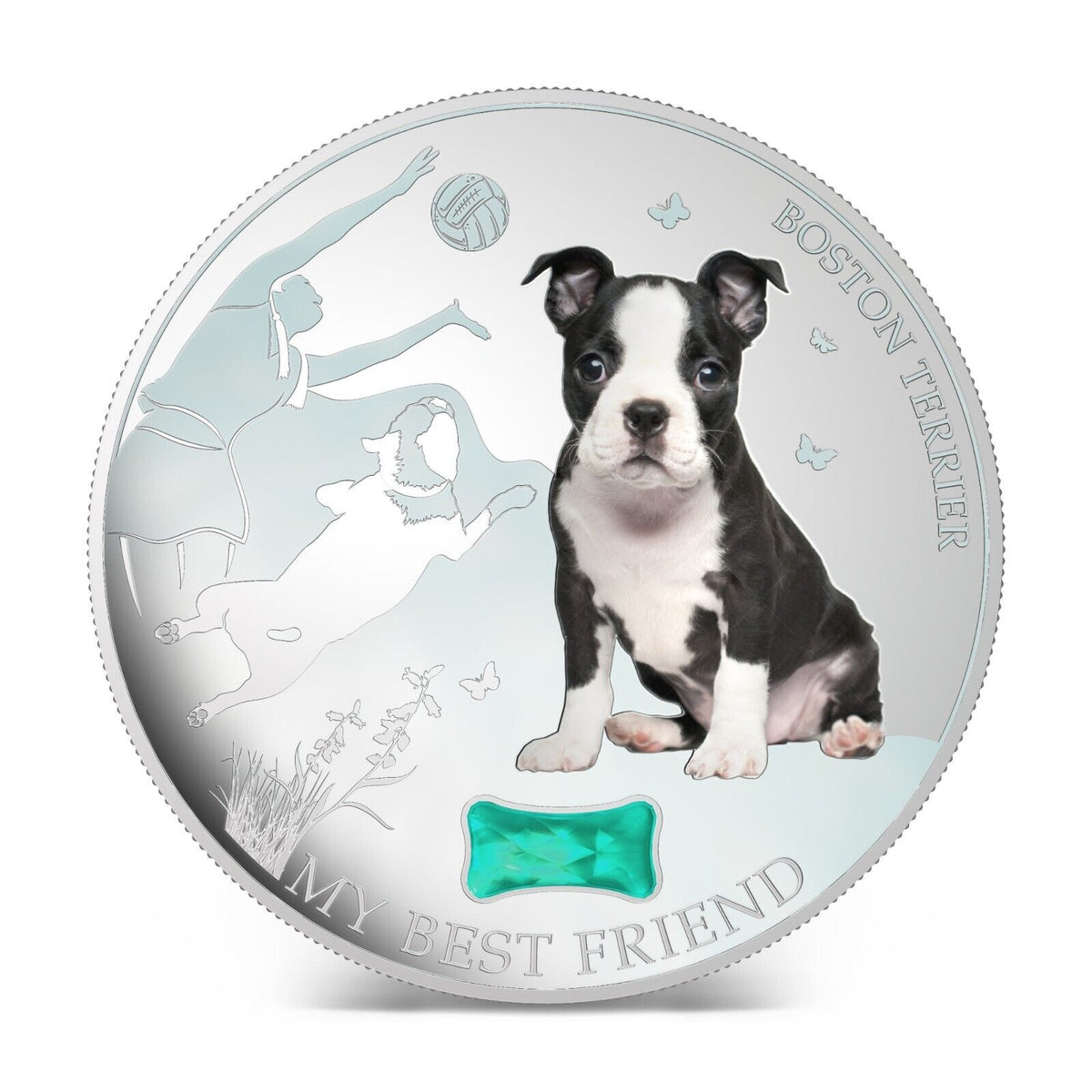1 Oz Silver Coin 2013 $2 Fiji Dogs &amp; Cats Best Friend w/ stone - Boston Terrier-classypw.com-1