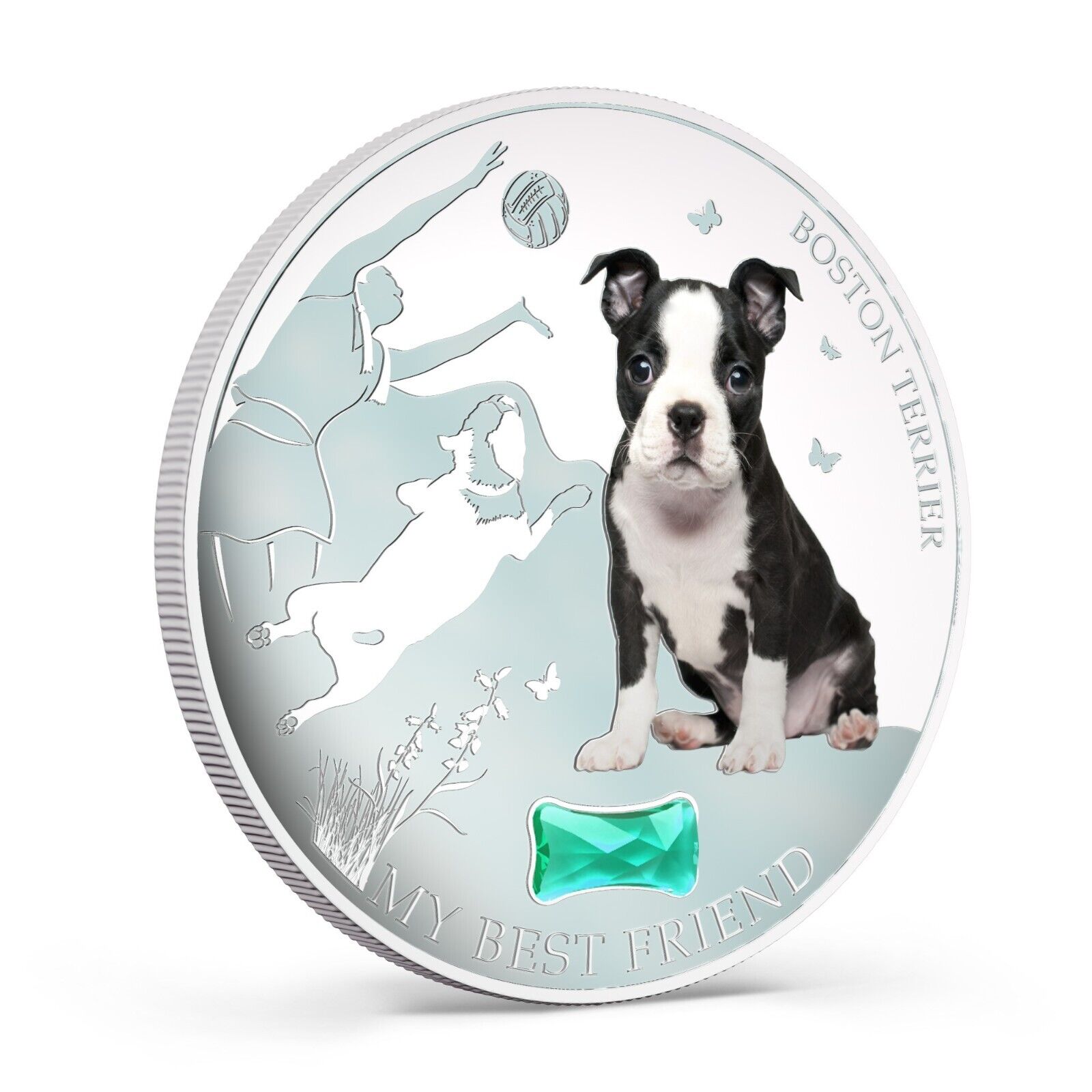 1 Oz Silver Coin 2013 $2 Fiji Dogs & Cats Best Friend w/ stone - Boston Terrier-classypw.com-2