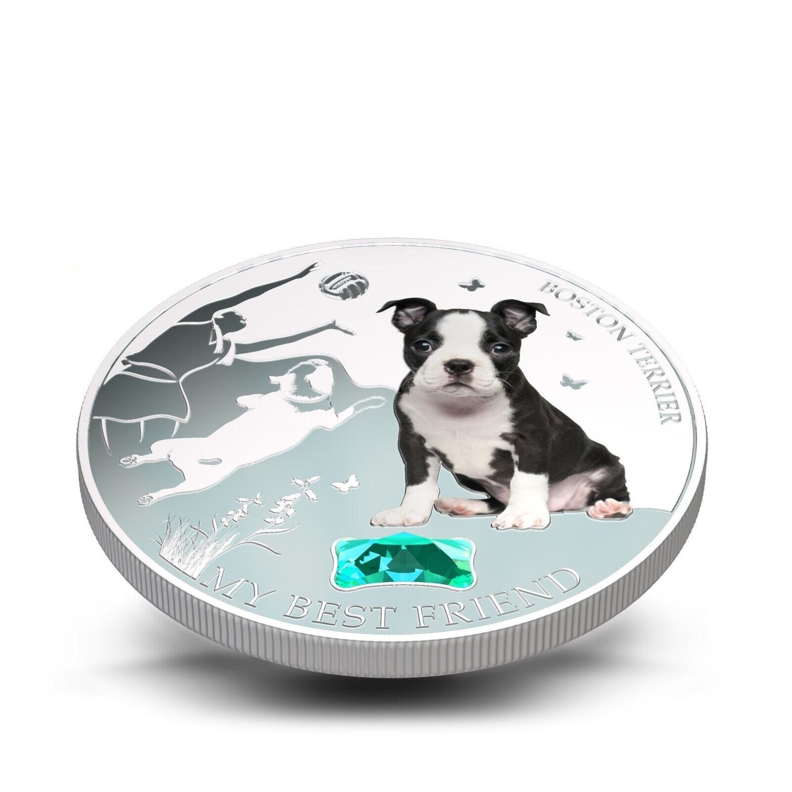 1 Oz Silver Coin 2013 $2 Fiji Dogs & Cats Best Friend w/ stone - Boston Terrier-classypw.com-3