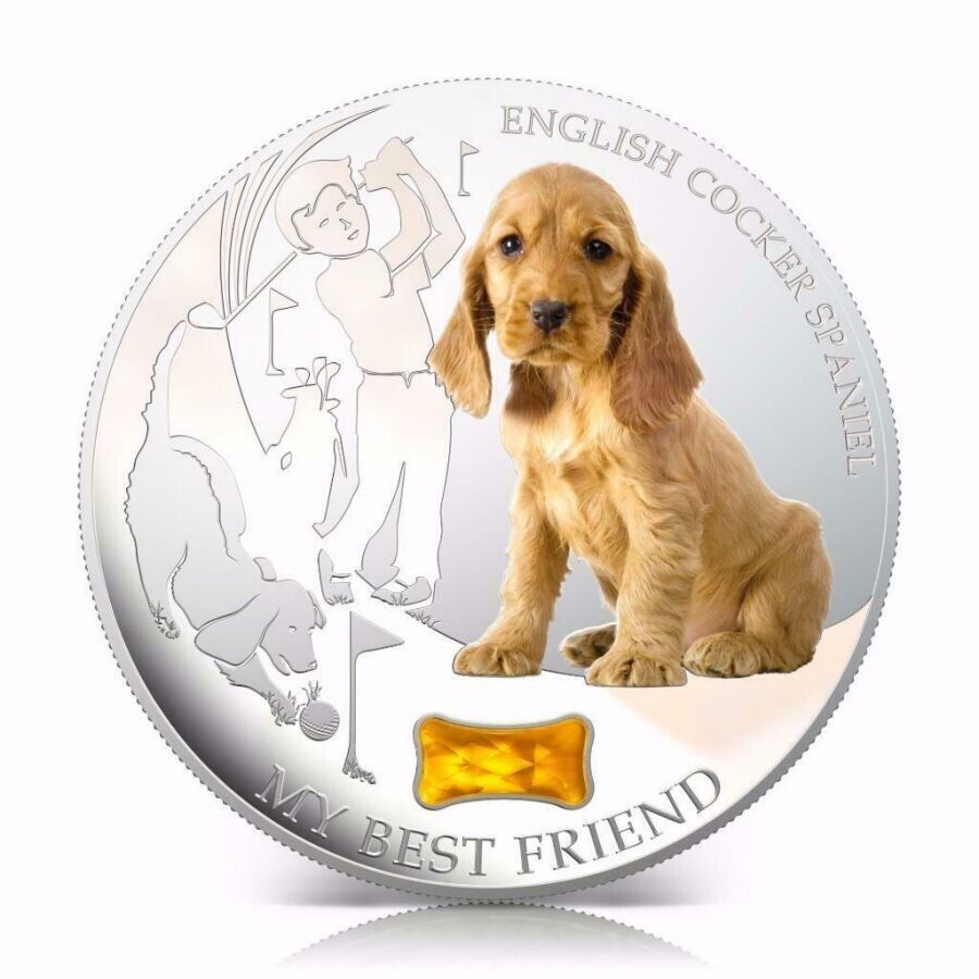 1 Oz Silver Coin 2013 $2 Fiji Dogs &amp; Cats Dog w/ stone - English Cocker Spaniel-classypw.com-1